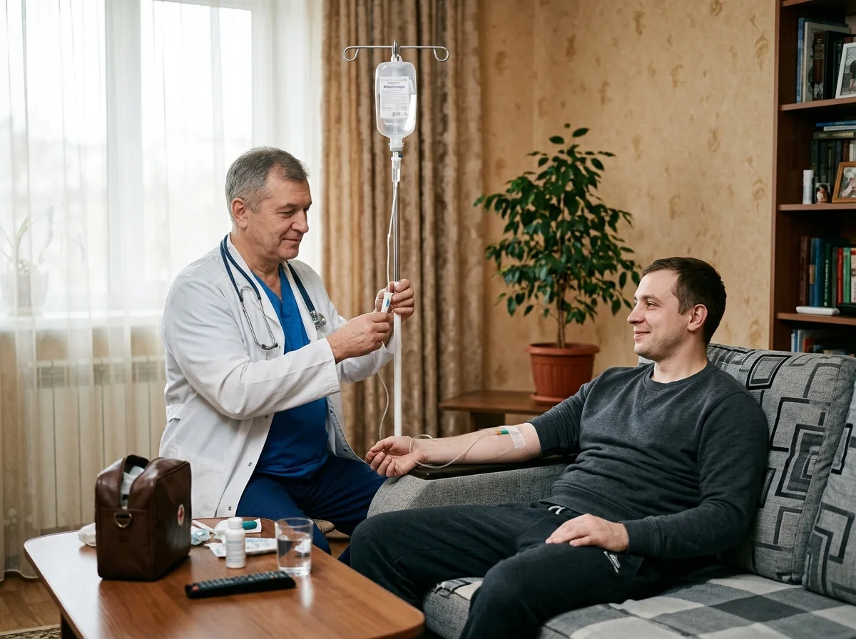 Врач-нарколог устанавливает капельницу от похмелья пациенту на дому в Краснодаре, медицинская обстановка, доверительная атмосфера
