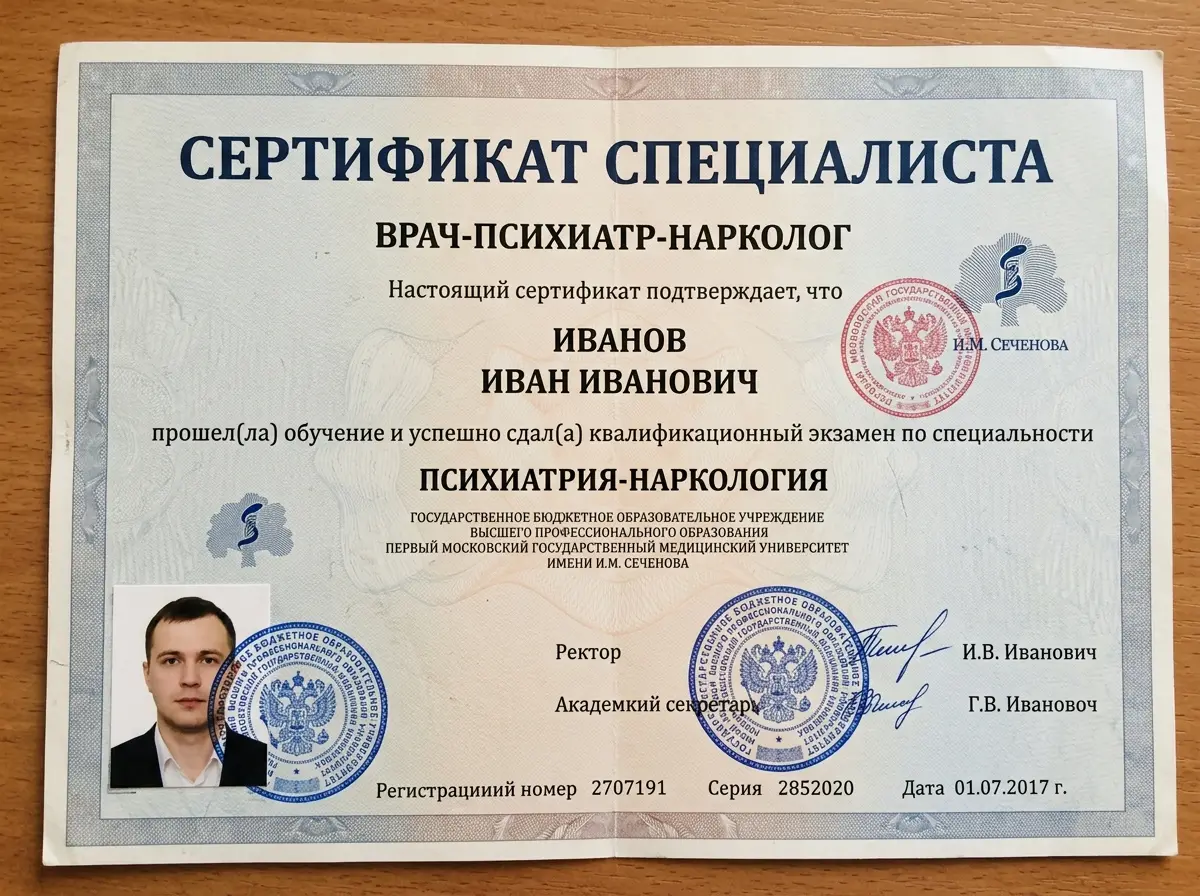 Сертификат специалиста врача-нарколога психиатра, выдан медицинским университетом, официальный документ с печатями