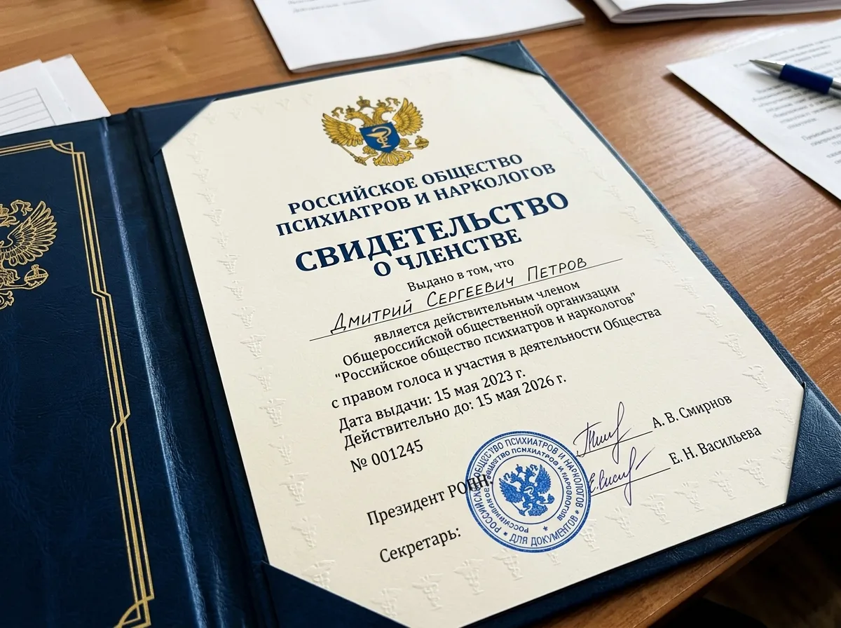 Свидетельство о членстве в Российском обществе психиатров и наркологов, официальный сертификат организации